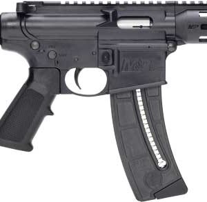 Black semi-automatic rifle with adjustable stock, pistol grip, and curved magazine (AR-style) shown in profile with a quad-rail handguard and top rail.