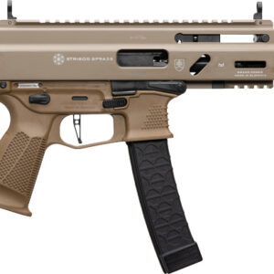Tan AR-style firearm with a black curved magazine and rail system on top and sides, showcased in profile.