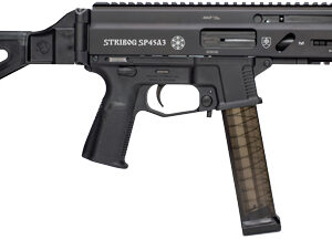 Black tactical rifle with adjustable stock, pistol grip, long top rail, and translucent brown magazine.