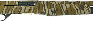 Camouflage-pattern hunting rifle with a scope mounted along the top and a long barrel.