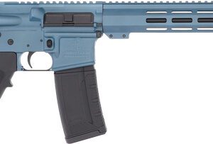 Blue AR-15 style semi-automatic rifle with collapsible stock, pistol grip, 30-round magazine, and long vented handguard.