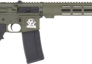 Olive-drab AR-style rifle with collapsible stock, long handguard, and black magazine featuring a white skull emblem on the receiver.