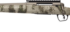 Camouflage-pattern sniper rifle seen from the side with a long barrel and stock.