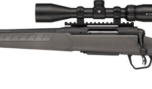 Bolt-action hunting rifle with a scope mounted on top and a padded adjustable stock, shown in profile.