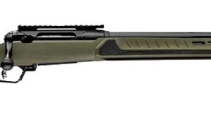 Bolt-action hunting rifle with an olive-green synthetic stock and long barrel, shown from the left.