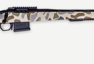 Camouflage-pattern hunting rifle laid out on a white background.