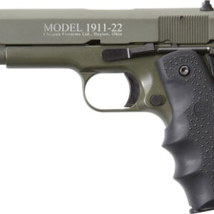 Side view of a Model 1911-22 semi-automatic pistol with olive finish and textured grip.