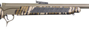 Camouflage-pattern hunting rifle with a long barrel shown in profile.