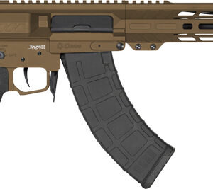 AR-style semi-automatic rifle with tan receiver, black stock and grip, and a curved magazine.