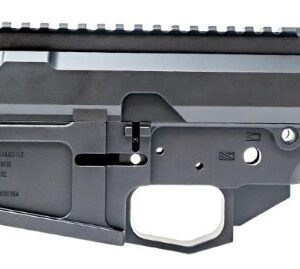 AR-15 style rifle receiver assembly lying on its side