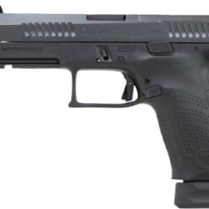 Side view of a black semi-automatic pistol with a textured grip and accessory rail on the frame.