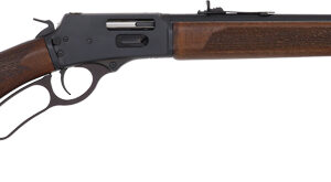 Lever-action rifle with a wooden stock and forend, horizontal view showing the lever and hammer, barrel long and black.