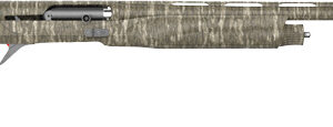 Camouflage-pattern hunting rifle with a long barrel and synthetic stock.