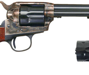 Side view of a single-action revolver with a wooden grip and open cylinder, plus a detached black muzzle/accessory nearby.