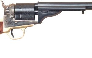 Single-action revolver with a wooden grip and long blue-steel barrel, isolated on white.