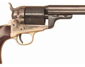 Vintage single-action revolver with a wooden grip and brass frame, pointing to the right.