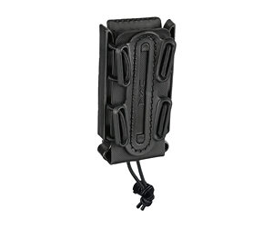 Black nylon tactical pouch with front elastic loops and a bottom pull cord, used to secure small items on gear or packs.