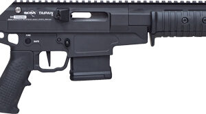 Black modular rifle with adjustable stock, pistol grip, and long handguard; TARAN branding visible on upper rail surface.