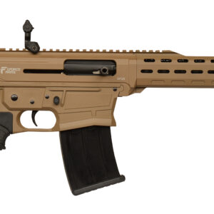 Tan and black modern assault rifle in profile with a long handguard and magazine inserted.
