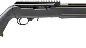 Side view of a long gun with a synthetic stock and a top Picatinny rail, showing the barrel and trigger area.