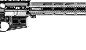AR-style assault rifle shown in profile with adjustable stock, pistol grip, and long skeletal handguard