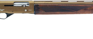 Side view of a break-action shotgun with a walnut stock and long vented-barrel.