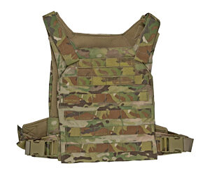 Camouflage tactical plate carrier vest with MOLLE webbing and side straps (military-style protective vest)