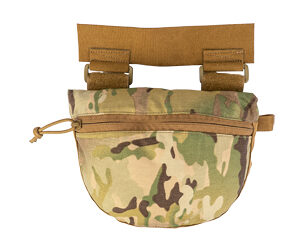 Camouflage tactical waist bag with brown straps and a zippered front pocket.