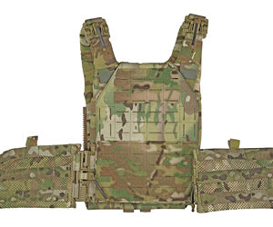 Camouflage MOLLE plate carrier vest with three front utility pouches on a white background.