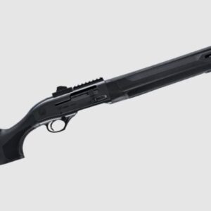 Black pump‑action shotgun with a long barrel and synthetic stock, shown from the side, on a light background.