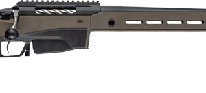 Precision AR-style rifle with an adjustable stock, black grip, and a long, matte-finish barrel on a tan chassis.