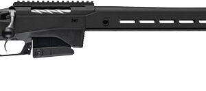 Black precision rifle with an adjustable stock, ergonomic grip, free-floating handguard, and long barrel.