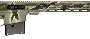 Camouflage-pattern AR-style rifle with adjustable stock, pistol grip, long handguard, and magazine.