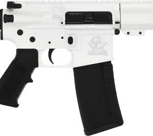 White AR-style rifle with a black pistol grip, handguard, and magazine, shown from the side with a long barrel and muzzle device
