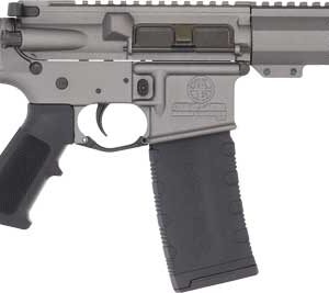 AR-style rifle with a suppressor, quad-rail handguard, and curved magazine