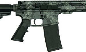 Camouflage-pattern semi-automatic rifle with adjustable stock, pistol grip, and curved magazine.
