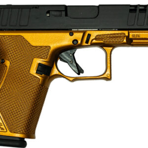 Gold-colored semi-automatic pistol shown in profile against a white background.