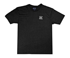 Black crew-neck T-shirt with a small white logo on the left chest.