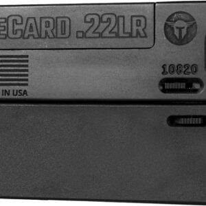Compact folding pistol (LifeCard .22LR) shown in side view, metal body with branding and markings.