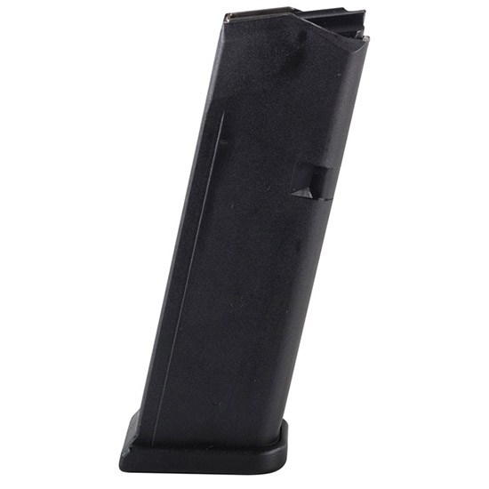 Black pistol magazine with a flat baseplate, angled upright.