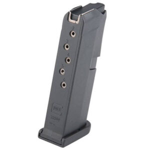 Glock-style handgun magazine with six witness holes and a detachable baseplate standing upright on a white background.