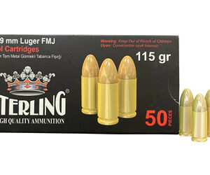 Sterling ammunition box with three 9x19 mm Luger FMJ cartridges and 50 rounds displayed to the side, 115 gr label visible