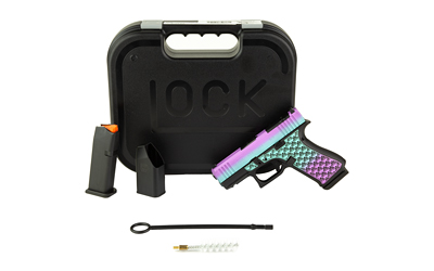 Colorful pistol-shaped cleaning kit with a hard case, magazines, cleaning rod, and bore brush.