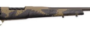 Long camouflage-pattern bolt-action hunting rifle with a brown-black stock and a slim metal barrel.