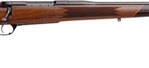 Bolt-action rifle with a wooden stock shown from the left side in profile view.