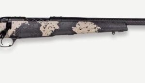 Bolt-action rifle with desert camouflage pattern and a long black barrel on a white background.