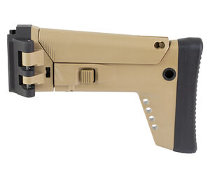Tan folding rifle stock with black butt pad and grip area
