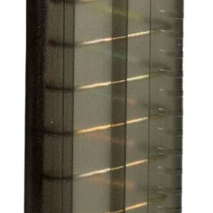 High-capacity rifle magazine with a translucent body showing bullets inside.