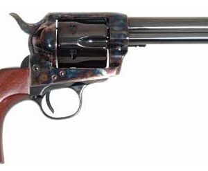 Single-action revolver with a wooden grip and long barrel on a white background.