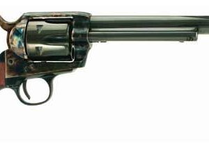 Side view of a black revolver with a wooden grip on a white background.